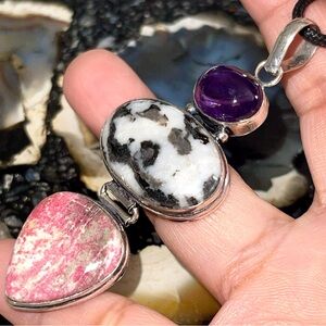 Crystal Pairing: Pink Thulite, White Buffalo Turquoise & Amethyst Pendant 3”